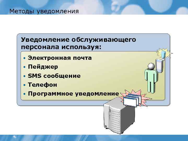 Методы уведомления Уведомление обслуживающего персонала используя: • Электронная почта • Пейджер • SMS сообщение