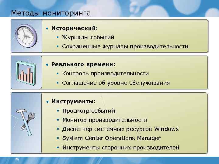 Методы мониторинга • Исторический: § Журналы событий § Сохраненные журналы производительности • Реального времени: