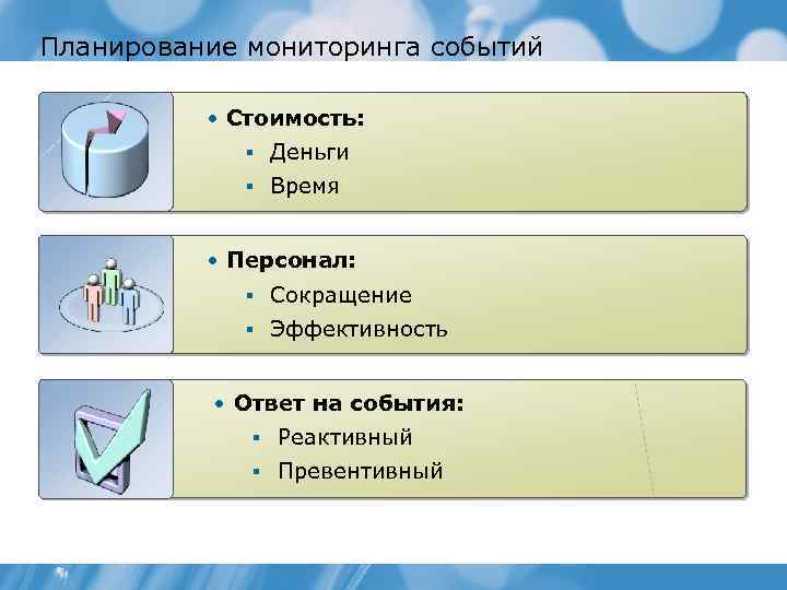 Планирование мониторинга событий • Стоимость: § Деньги § Время • Персонал: § Сокращение §