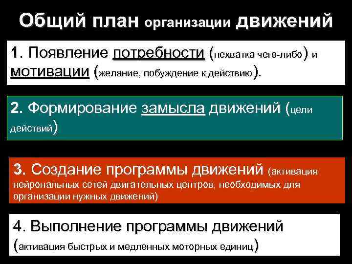 Общий план организации движений 1. Появление потребности (нехватка чего-либо) и мотивации (желание, побуждение к