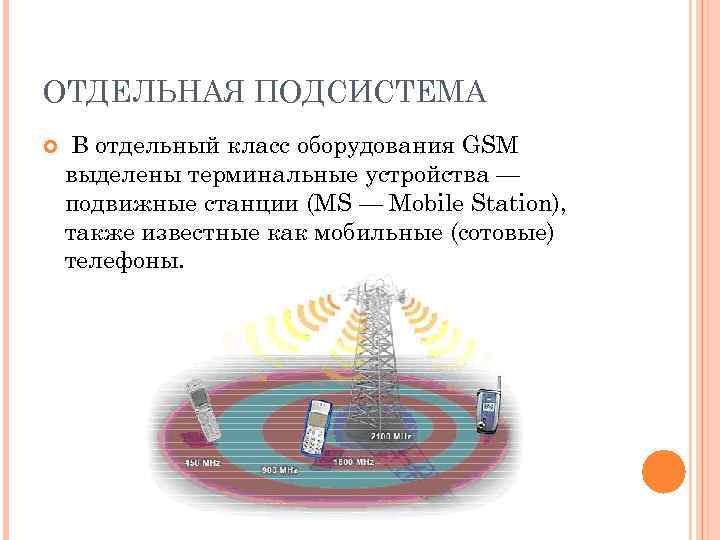 ОТДЕЛЬНАЯ ПОДСИСТЕМА В отдельный класс оборудования GSM выделены терминальные устройства — подвижные станции (MS