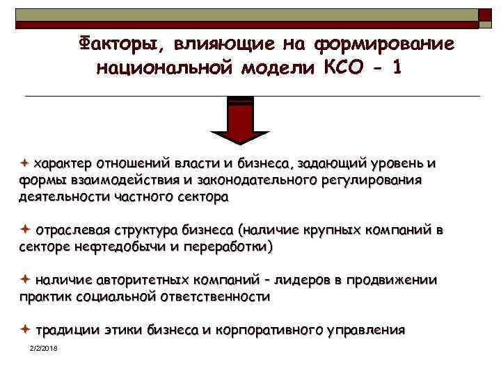 Факторы, влияющие на формирование национальной модели КСО - 1 ª характер отношений власти и