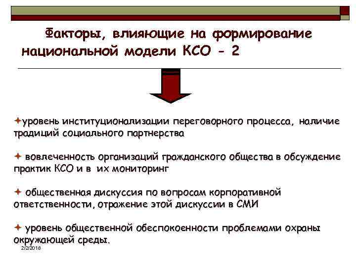 Факторы, влияющие на формирование национальной модели КСО - 2 ªуровень институционализации переговорного процесса, наличие