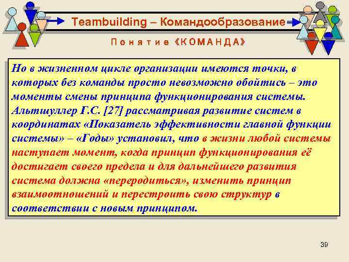 Teambuilding – Командообразование Понятие «КОМАНДА» Но в жизненном цикле организации имеются точки, в которых
