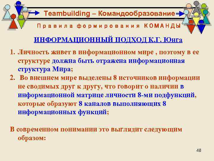 Teambuilding – Командообразование Правила формирования КОМАНДЫ ИНФОРМАЦИОННЫЙ ПОДХОД К. Г. Юнга 1. Личность живет