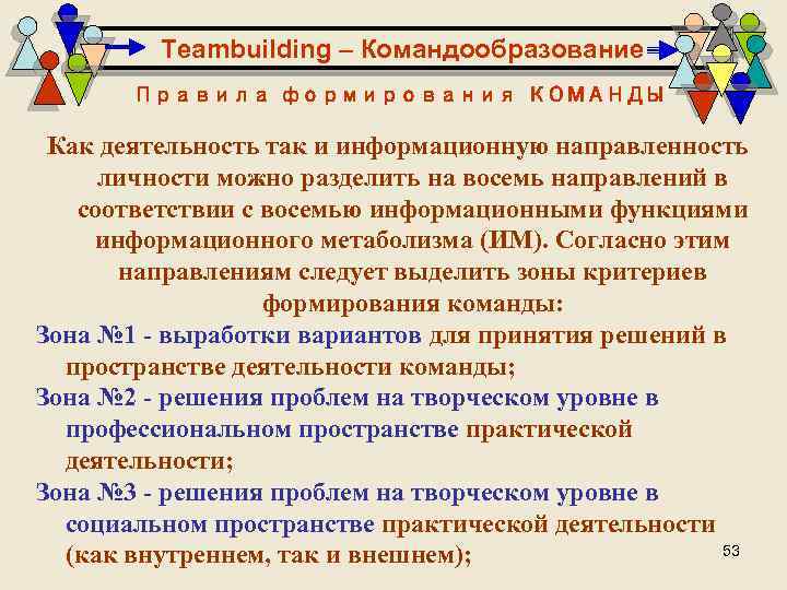 Teambuilding – Командообразование Правила формирования КОМАНДЫ Как деятельность так и информационную направленность личности можно