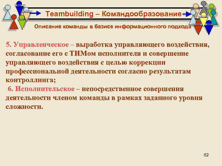 Teambuilding – Командообразование Описание команды в базисе информационного подхода 5. Управленческое – выработка управляющего