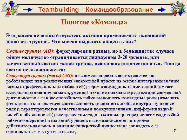 Teambuilding – Командообразование Понятие «Команда» Это далеко не полный перечень активно применяемых толкований понятия