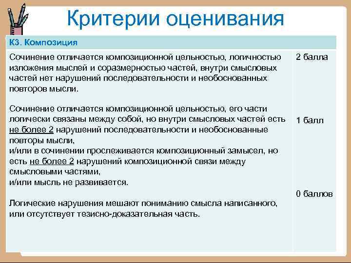 Критерии оценивания К 3. Композиция Сочинение отличается композиционной цельностью, логичностью изложения мыслей и соразмерностью