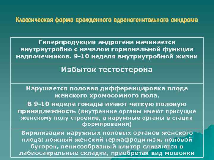Классическая форма врожденного адреногенитального синдрома Гиперпродукция андрогена начинается внутриутробно с началом гормональной функции надпочечников.