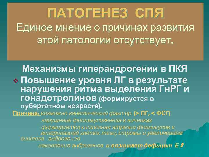 ПАТОГЕНЕЗ СПЯ Единое мнение о причинах развития этой патологии отсутствует. Механизмы гиперандрогении в ПКЯ