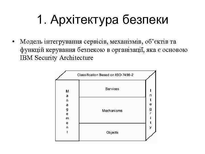 1. Архітектура безпеки • Модель інтегрування сервісів, механізмів, об’єктів та функцій керування безпекою в