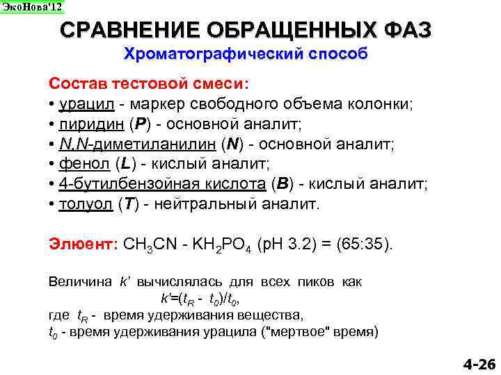 Эко. Нова'12 СРАВНЕНИЕ ОБРАЩЕННЫХ ФАЗ Хроматографический способ Состав тестовой смеси: • урацил - маркер