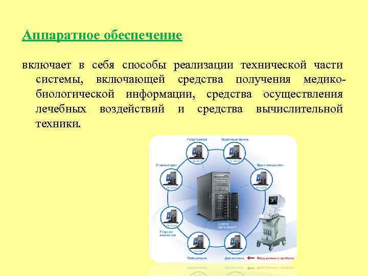 Аппаратное обеспечение включает в себя способы реализации технической части системы, включающей средства получения медикобиологической