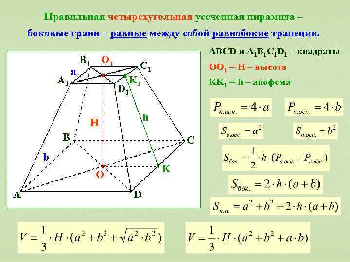 Правильная четырехугольная усеченная пирамида – боковые грани – равные между собой равнобокие трапеции. A