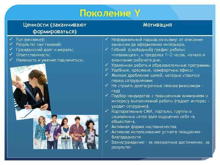 Поколение Y Ценности (заканчивают формироваться) ü ü ü Fun (веселье); Результат как таковой; Гражданский