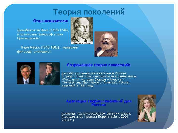 Теория поколений Отцы-основатели: Джамбаттиста Вико (1668 -1744), итальянскии философ эпохи Просвещения. Карл Маркс (1818