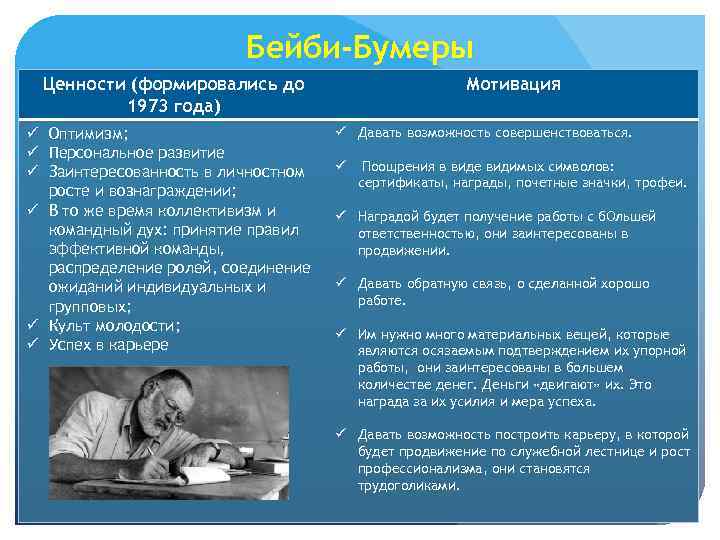 Бейби-Бумеры Ценности (формировались до 1973 года) ü Оптимизм; ü Персональное развитие ü Заинтересованность в