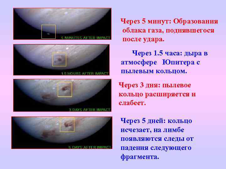 Через 5 минут: Образования облака газа, поднявшегося после удара. Через 1. 5 часа: дыра