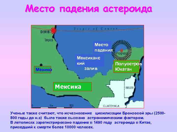 Место падения астероида Место падения Мехико Мексиканс кий залив Полуостров Юкатан Мексика Ученые также