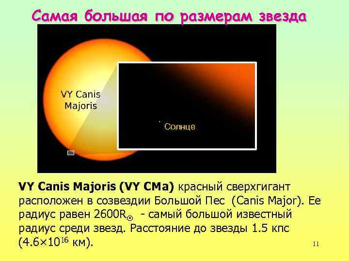 Самая большая по размерам звезда Солнце VY Canis Majoris (VY CMa) красный сверхгигант расположен