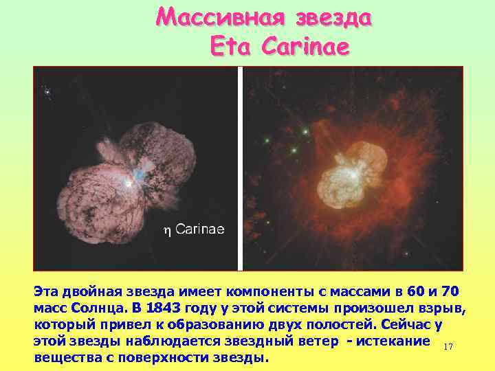 Массивная звезда Eta Carinae Эта двойная звезда имеет компоненты с массами в 60 и