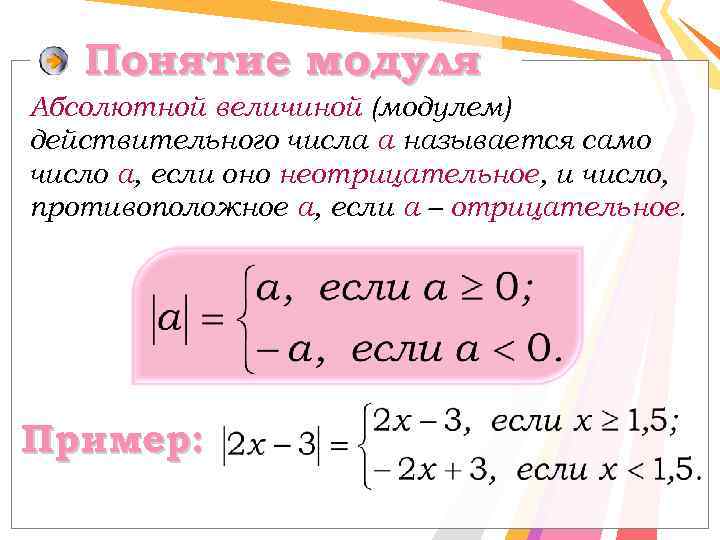 Понятие модуля Абсолютной величиной (модулем) действительного числа а называется само число а, если оно