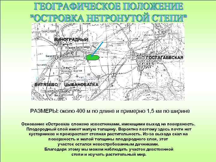 ВИНОГРАДНЫЙ ГОСТАГАЕВСКАЯ ВИТЯЗЕВО ЦЫБАНОБАЛКА РАЗМЕРЫ: около 400 м по длине и примерно 1, 5