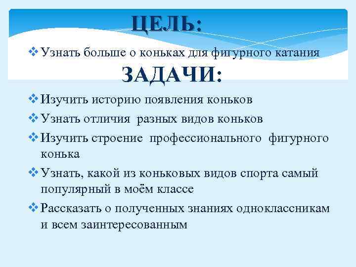 ЦЕЛЬ: v Узнать больше о коньках для фигурного катания ЗАДАЧИ: v Изучить историю появления