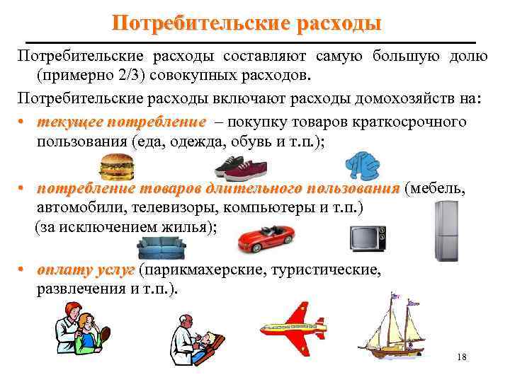 Потребительские расходы составляют самую большую долю (примерно 2/3) совокупных расходов. Потребительские расходы включают расходы