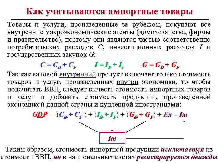 Как учитываются импортные товары Товары и услуги, произведенные за рубежом, покупают все внутренние макроэкономические
