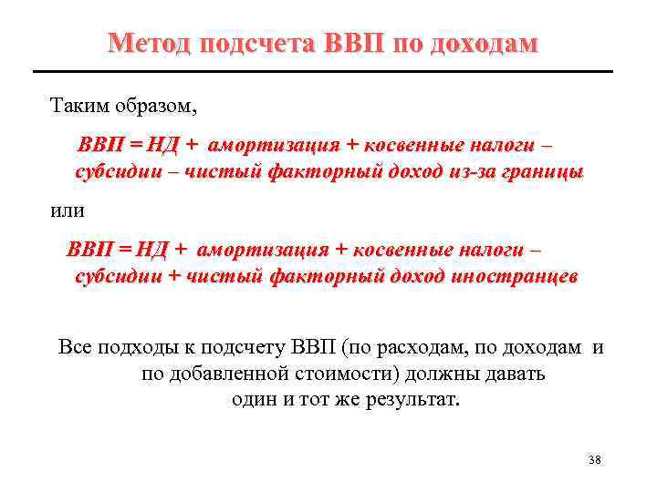 Метод подсчета ВВП по доходам Таким образом, ВВП = НД + амортизация + косвенные