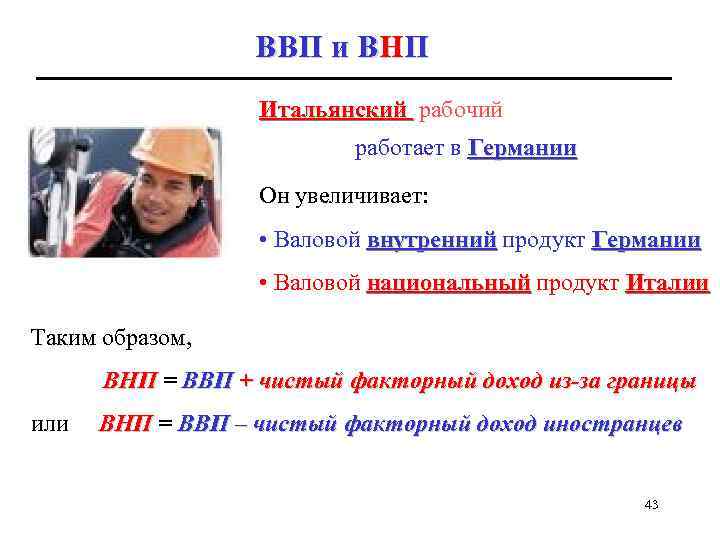 ВВП и ВНП Итальянский рабочий работает в Германии Он увеличивает: • Валовой внутренний продукт
