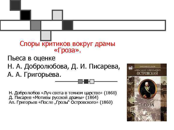 Споры критиков вокруг драмы «Гроза» . Пьеса в оценке Н. А. Добролюбова, Д. И.