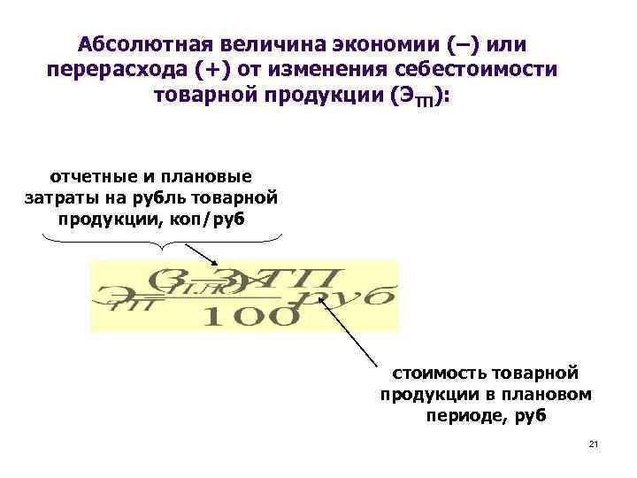 Абсолютная величина экономии (–) или перерасхода (+) от изменения себестоимости товарной продукции (ЭТП): отчетные