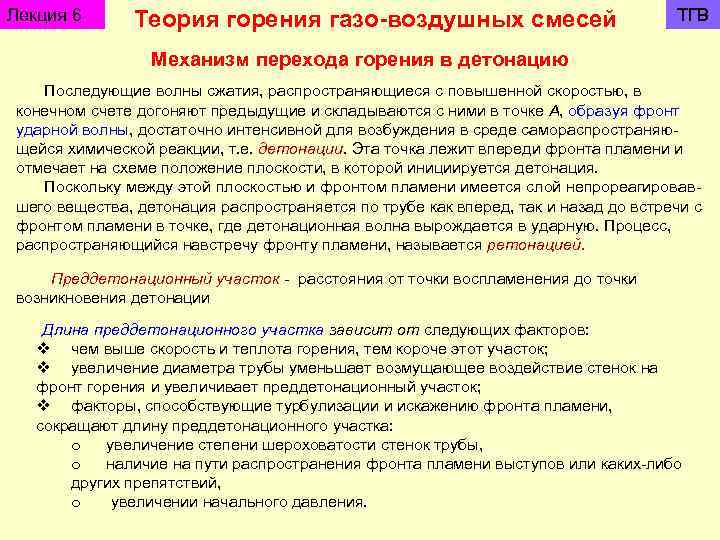 Лекция 6 Теория горения газо-воздушных смесей ТГВ Механизм перехода горения в детонацию Последующие волны