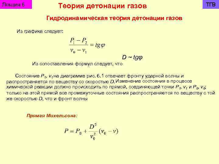 Лекция 6 Теория детонации газов ТГВ Гидродинамическая теория детонации газов Из графика следует: D
