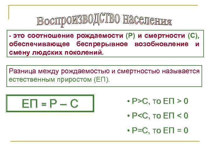это соотношение рождаемости (Р) и смертности (С), обеспечивающее беспрерывное возобновление и смену людских поколений.
