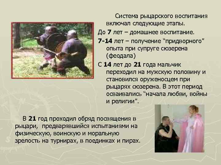 Система рыцарского воспитания включал следующие этапы. До 7 лет – домашнее воспитание. 7 -14