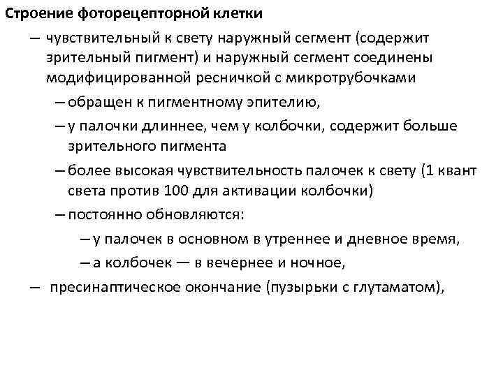 Строение фоторецепторной клетки – чувствительный к свету наружный сегмент (содержит зрительный пигмент) и наружный