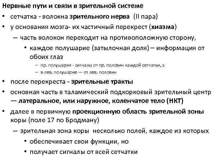Нервные пути и связи в зрительной системе • сетчатка - волокна зрительного нерва (II