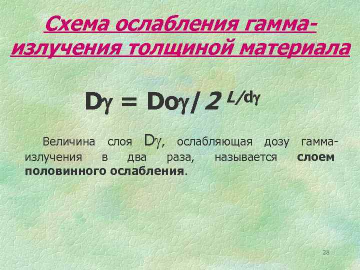 Схема ослабления гаммаизлучения толщиной материала D = Do /2 L/d Величина слоя D ,