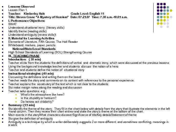 l l l l l l l l Lessons Observed Lesson Plan 1. Teacher: