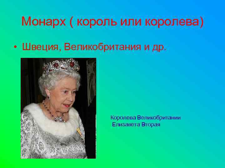 Монарх ( король или королева) • Швеция, Великобритания и др. Королева Великобритании Елизавета Вторая