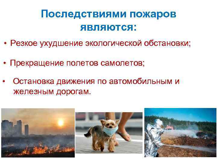 Последствиями пожаров являются: • Резкое ухудшение экологической обстановки; • Прекращение полетов самолетов; • Остановка