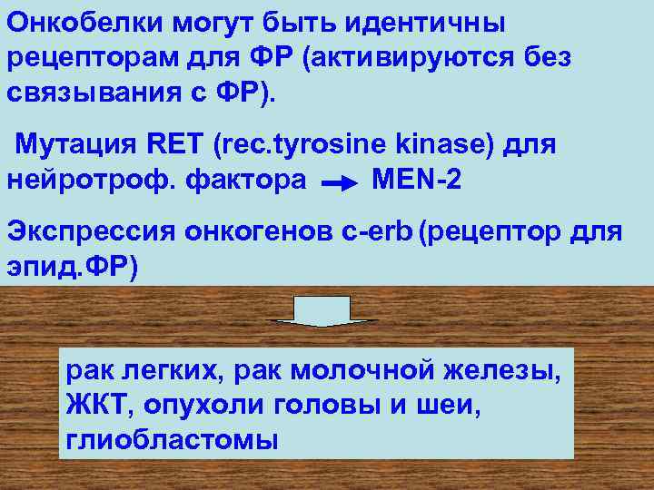 Онкобелки могут быть идентичны рецепторам для ФР (активируются без связывания с ФР). Мутация RET