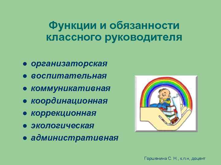 Функции и обязанности классного руководителя организаторская воспитательная коммуникативная координационная коррекционная экологическая административная Горшенина С.