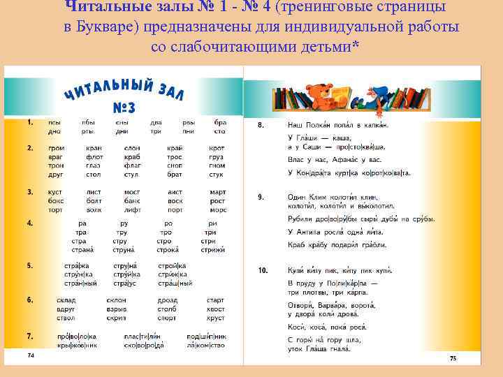Читальные залы № 1 - № 4 (тренинговые страницы в Букваре) предназначены для индивидуальной