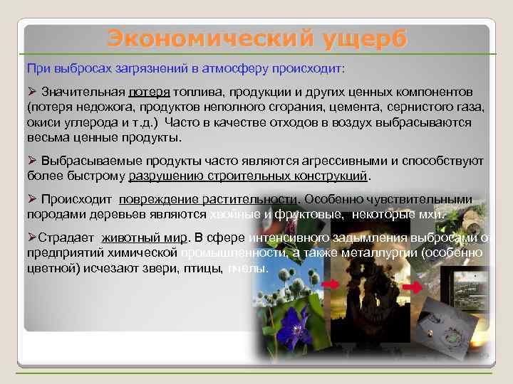 Экономический ущерб При выбросах загрязнений в атмосферу происходит: Ø Значительная потеря топлива, продукции и