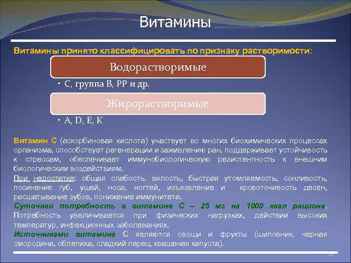Витамины принято классифицировать по признаку растворимости: Водорастворимые • С, группа В, PP и др.